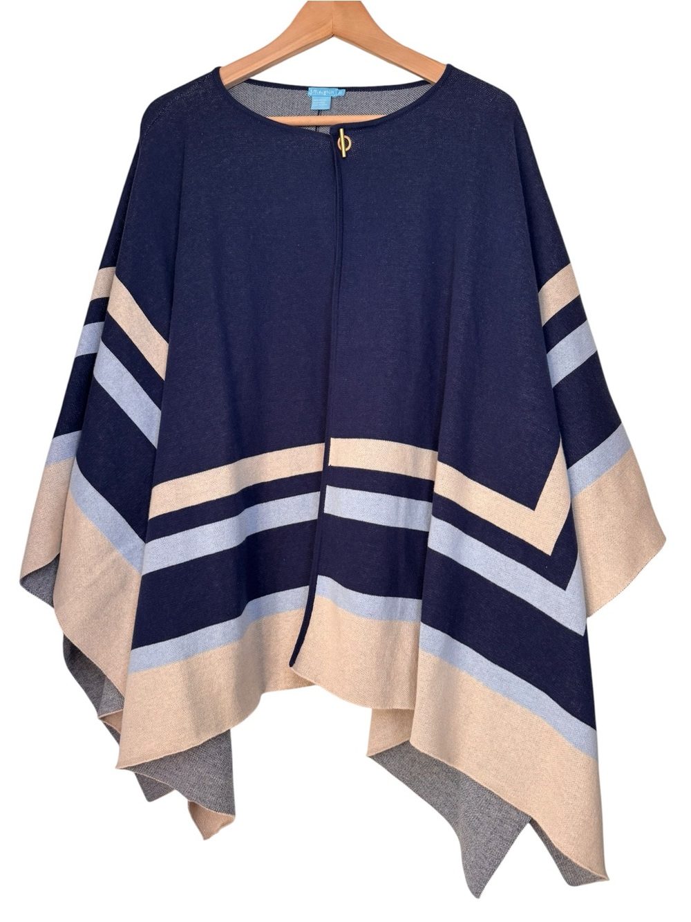 J McLaughlin Blue Colorblock Stripe Cape One Size Cotton Knit Poncho Ruana Wrap